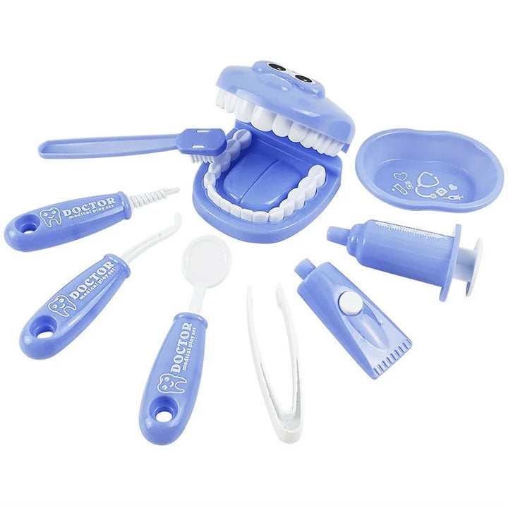 Set of blue dental tools for children on a white background.