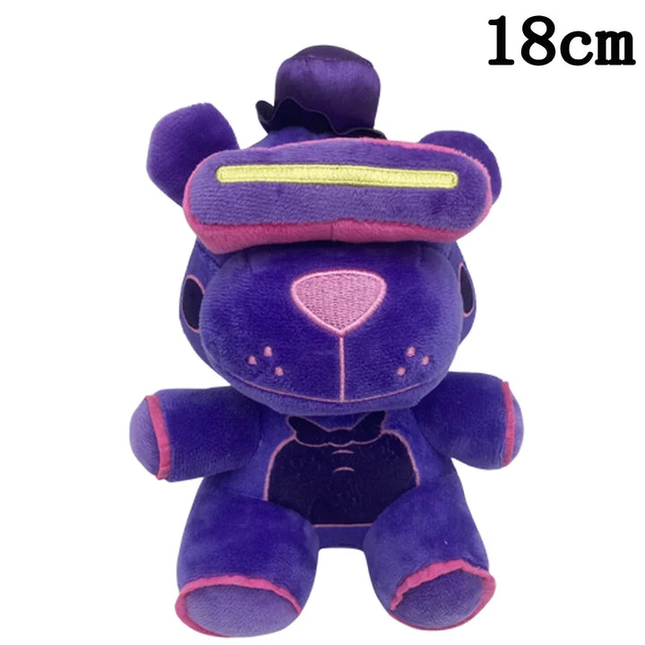 Purple plush toy with pink accents on a white background.