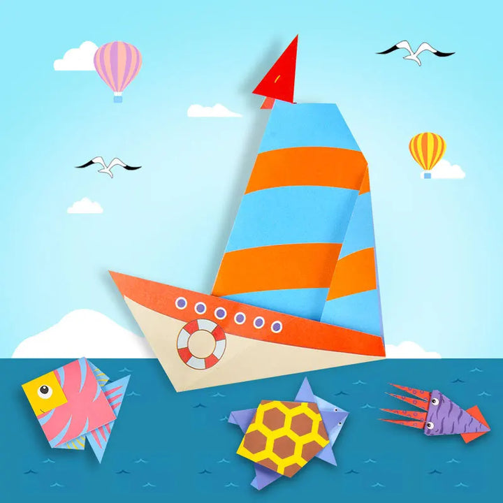 Colorful sailboat with striped sail, fish, turtle, and hot air balloons on a blue background.