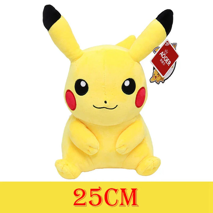 Plush toy resembling Pikachu with a visible tag and size indication on a white background.