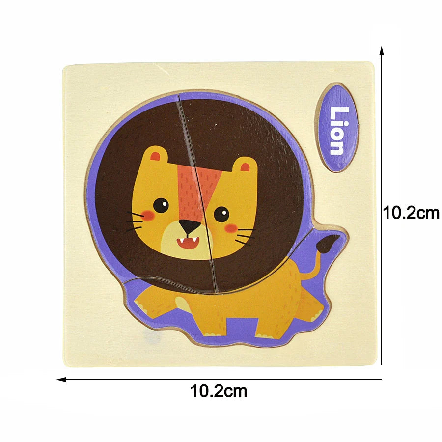 Wooden lion puzzle with dimensions on a beige background.