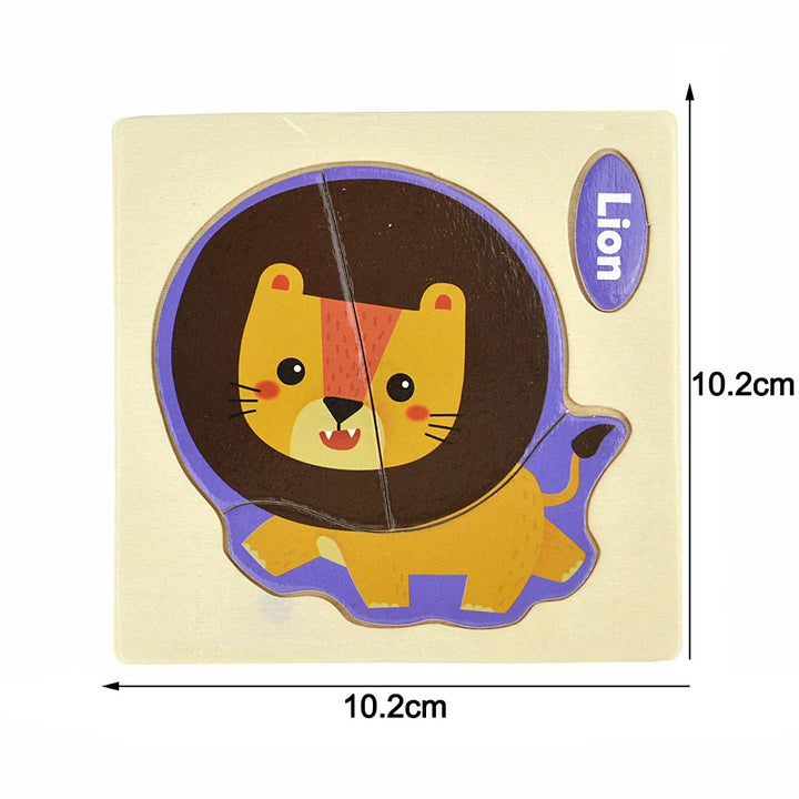 Wooden lion puzzle with dimensions on a beige background.