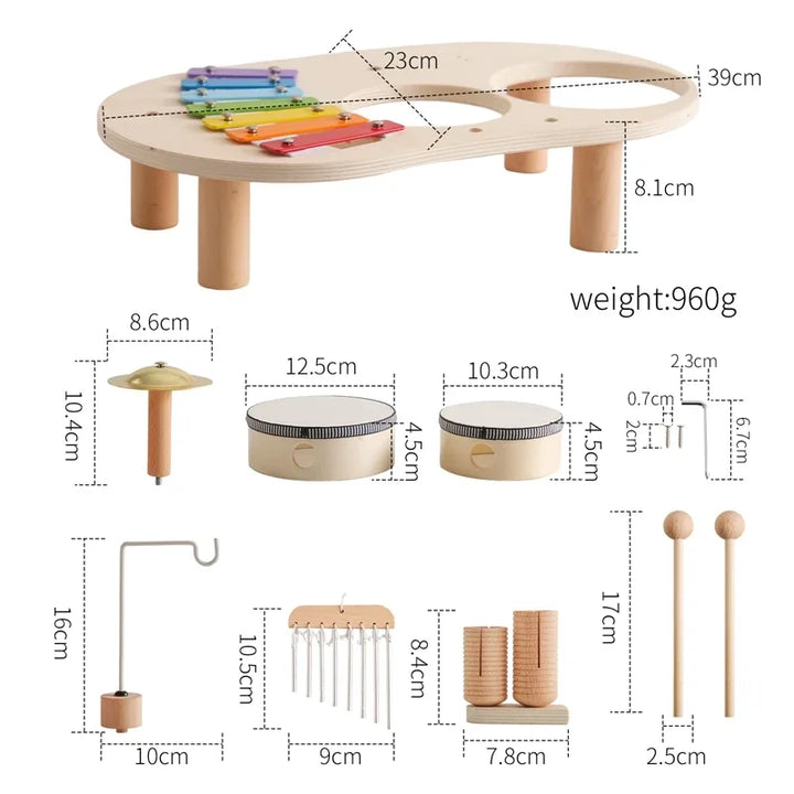 Wooden musical instrument set with measurements and weight displayed.