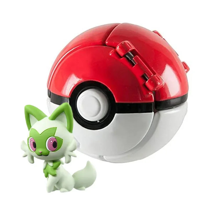 Red and white Poké Ball with a small green and white creature toy on a white background
