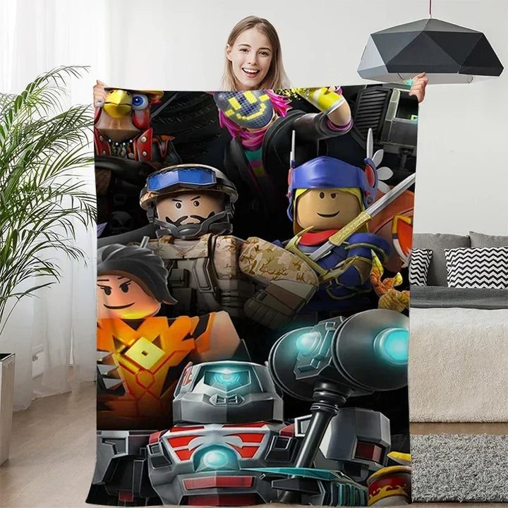 Person holding a colorful curtain with robot-themed design in a living room.