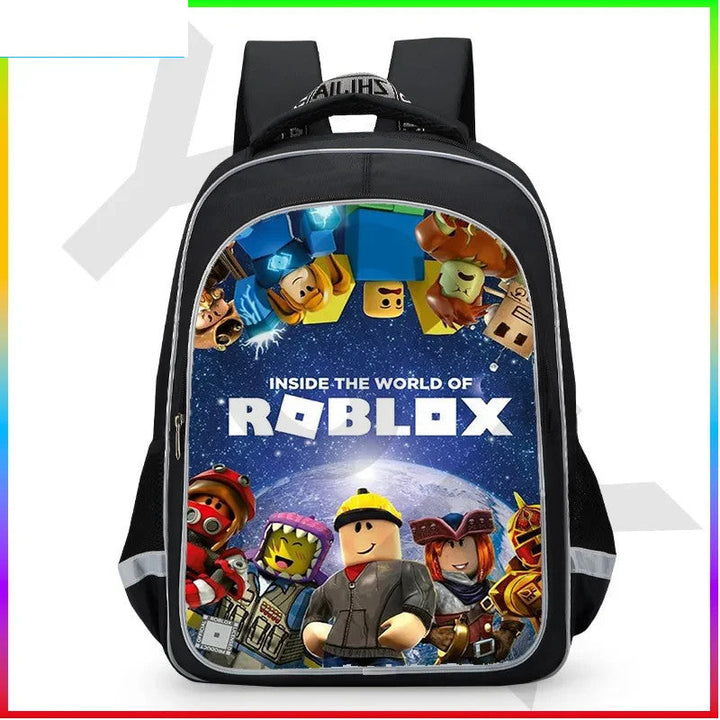 Backpack with Roblox characters and text on a white background.