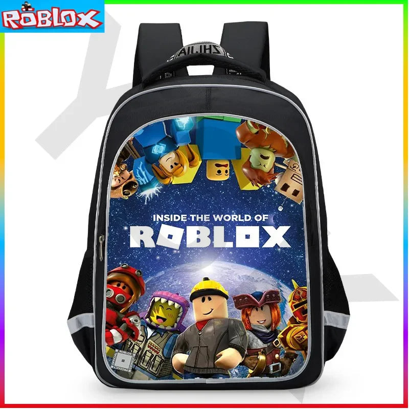 Backpack with Roblox characters and text on a white background.