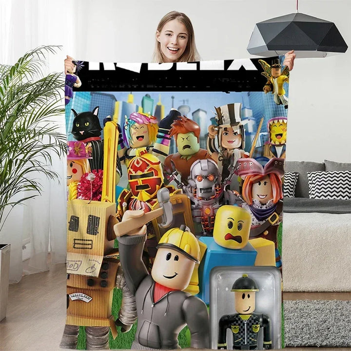 Person holding a colorful display of toy figures in a living room.