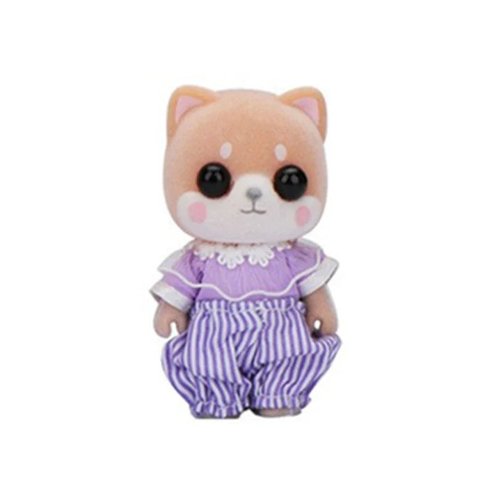 Plush toy with a cat-like face wearing a purple outfit on a white background.