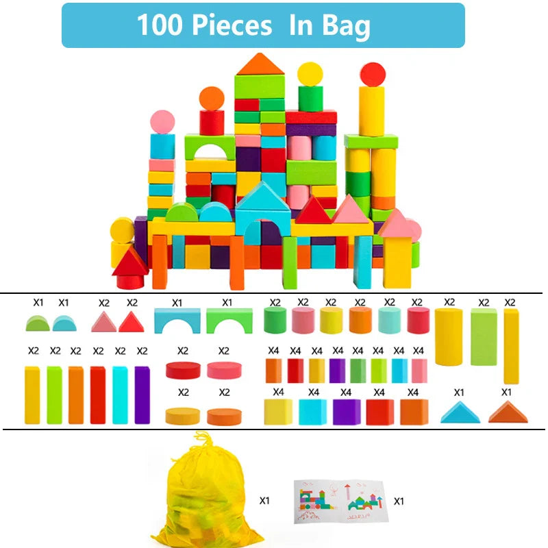 Colorful building block set with a bag and instructions on a white background.
