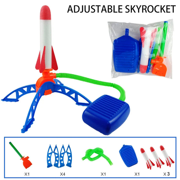 Adjustable skyrocket toy set with launch ramp, rockets, and accessories on a white background.