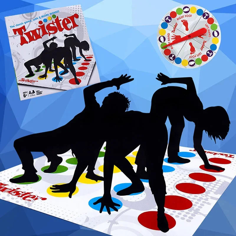 Twister game with players on the mat and packaging in the corner.
