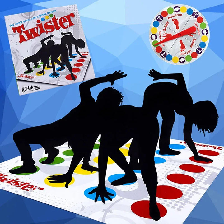 Twister game with players on the mat and packaging in the corner.
