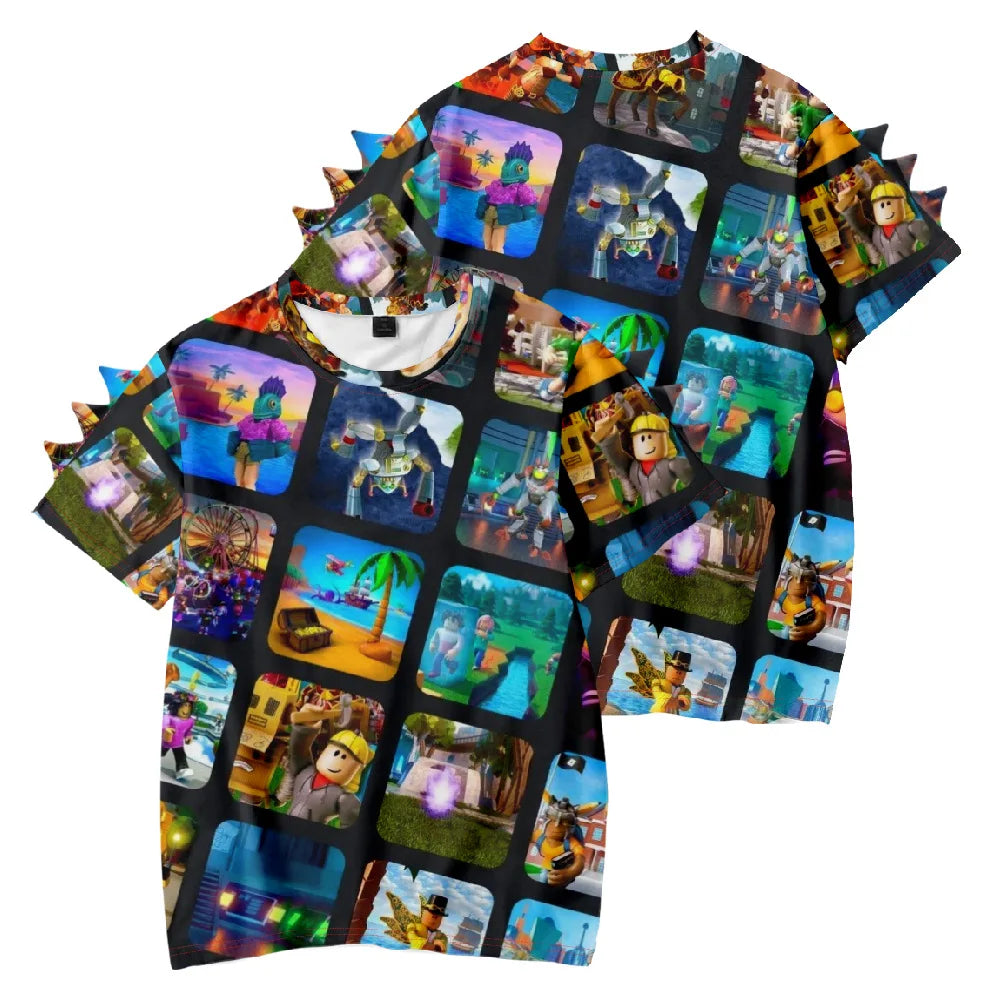 Colorful shirt with various images of cartoon characters and scenes on a white background.