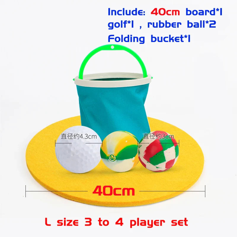 Training set with board, balls, and folding bucket on a yellow mat.