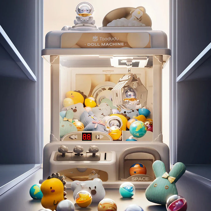 Toy claw machine with various plush toys inside, on a dark background.