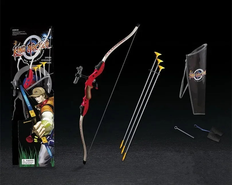Toy bow and arrow set with packaging on a dark background.