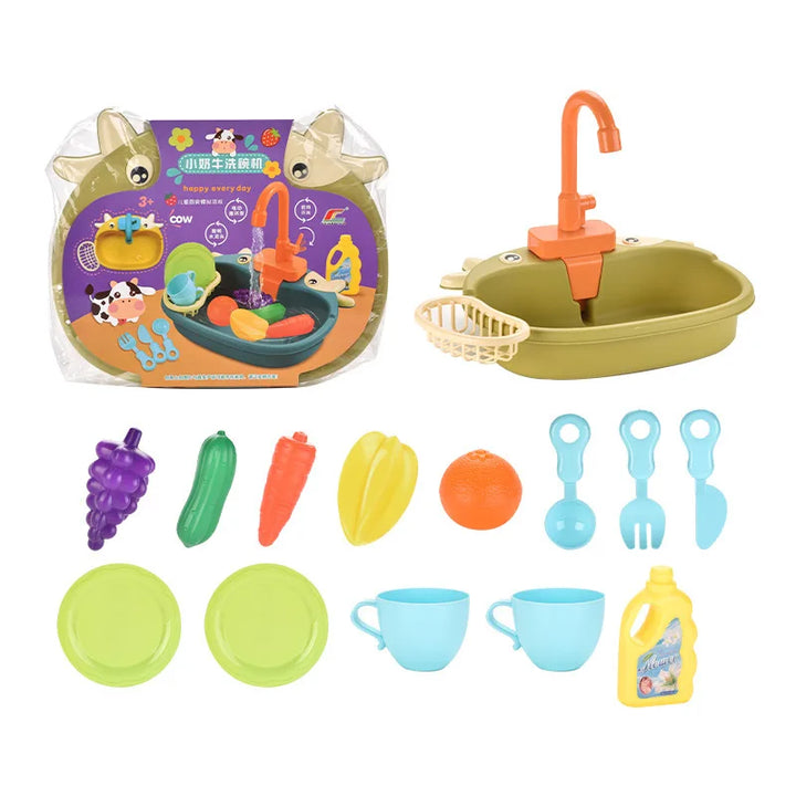 Children's toy kitchen set with sink, faucet, and various utensils on a white background.