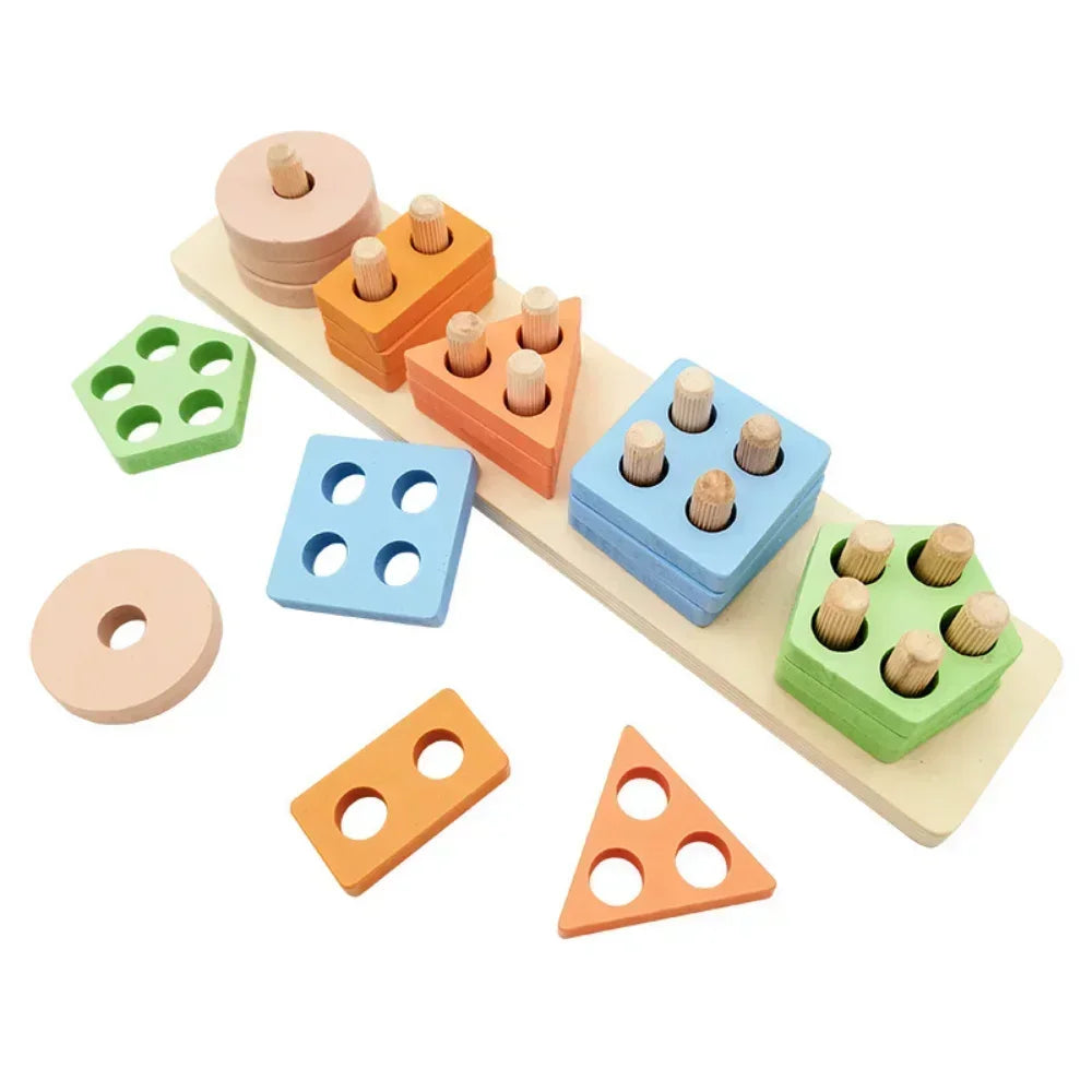 Wooden shape sorting toy with colorful geometric shapes on a white background.