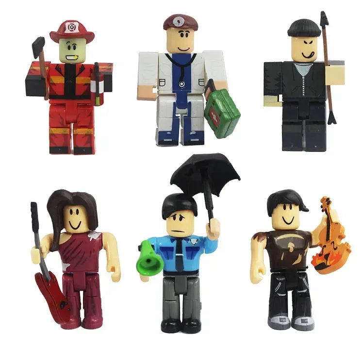 Set of six toy figures in different outfits on a white background.