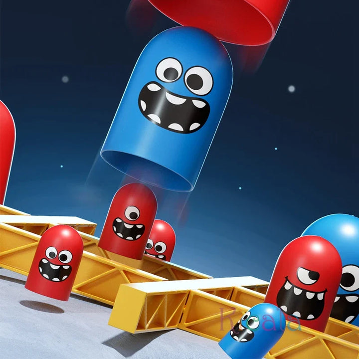 Colorful toy cups with face designs on a blue background.