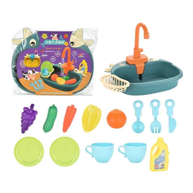 Toy kitchen set with sink, utensils, and food items on a white background.