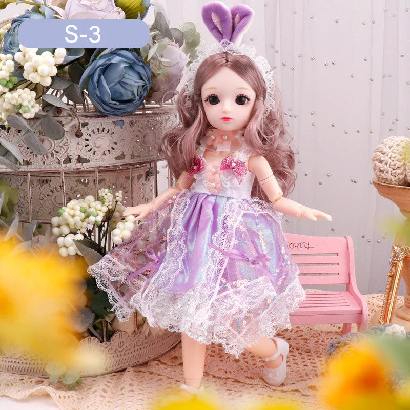 Doll with a purple dress and bunny ears in a decorative setting with flowers and a bench.