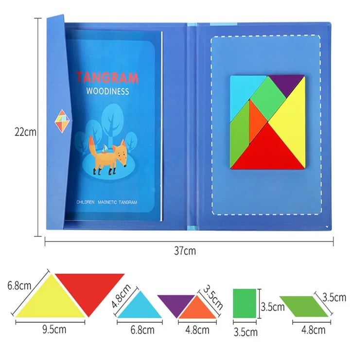 Tangram set with packaging and dimensions displayed.