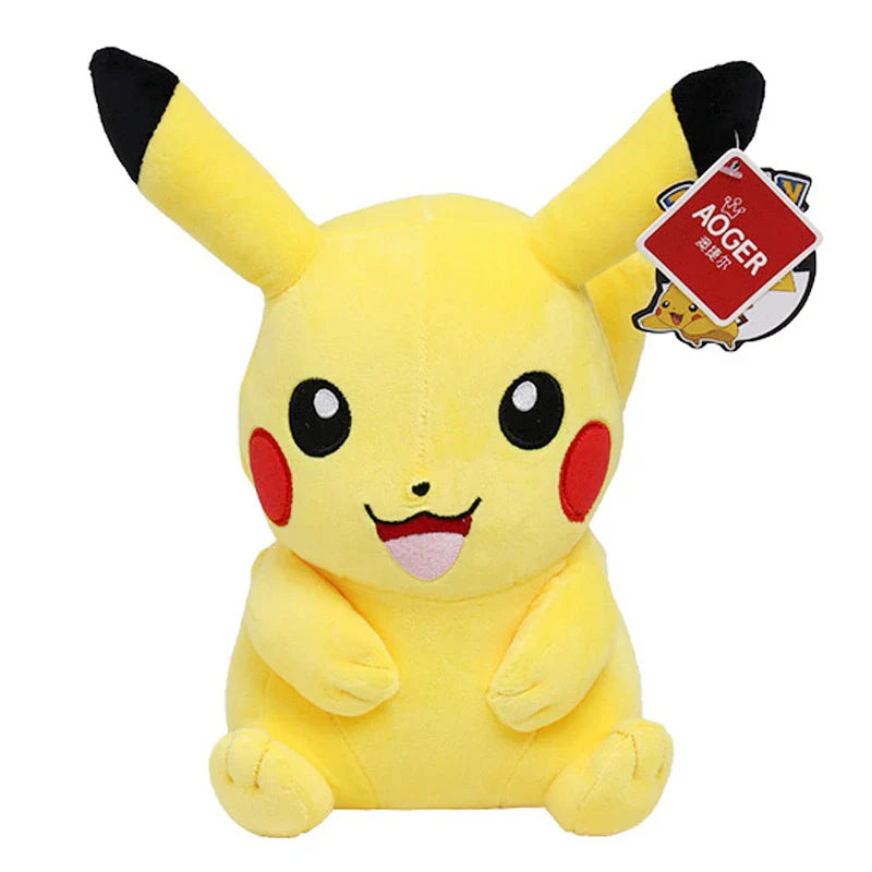 Plush toy resembling Pikachu with a visible brand tag on a white background.