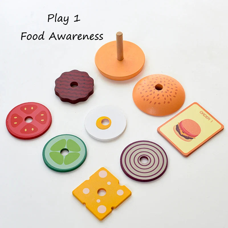 Wooden Burger Stacking Toy – Pretend Play Food Set