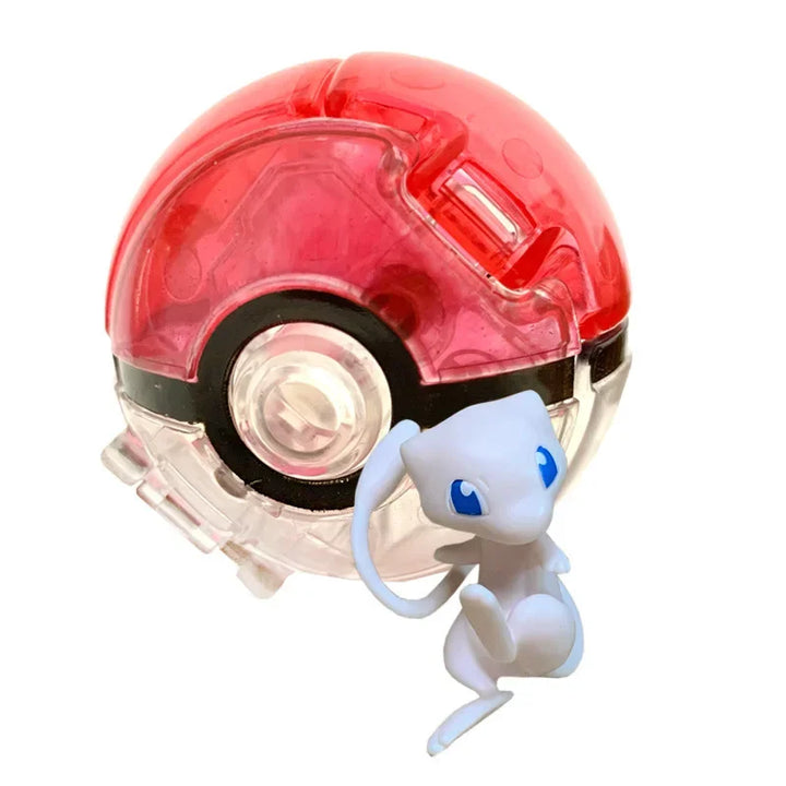 Red transparent ball with a small white creature figure on a white background.