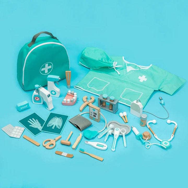 Collection of medical toys and accessories on a blue background.
