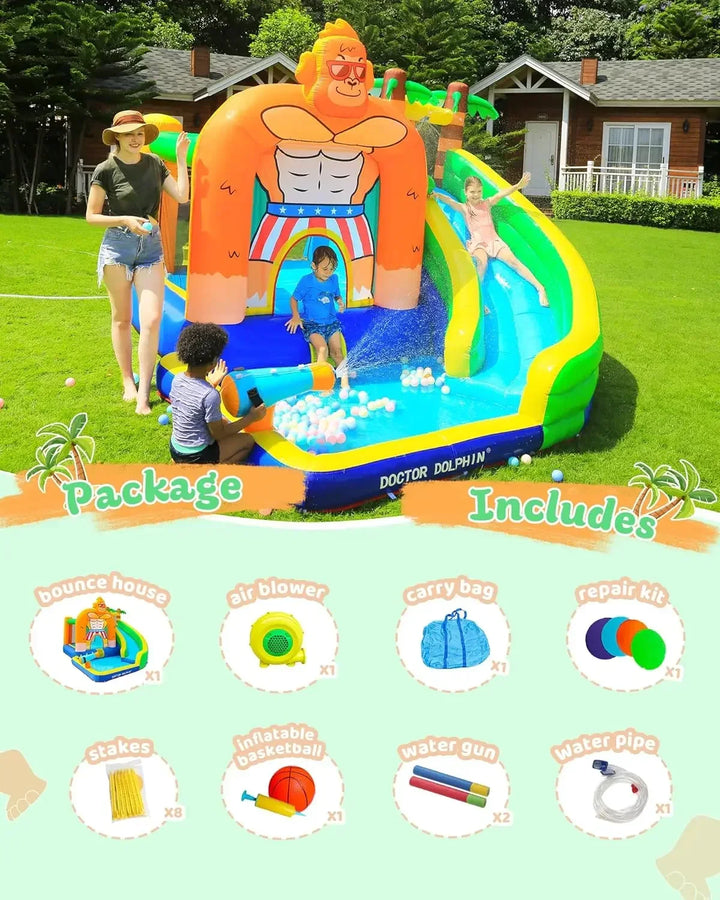Inflatable bounce house with slide and accessories on a grassy area.
