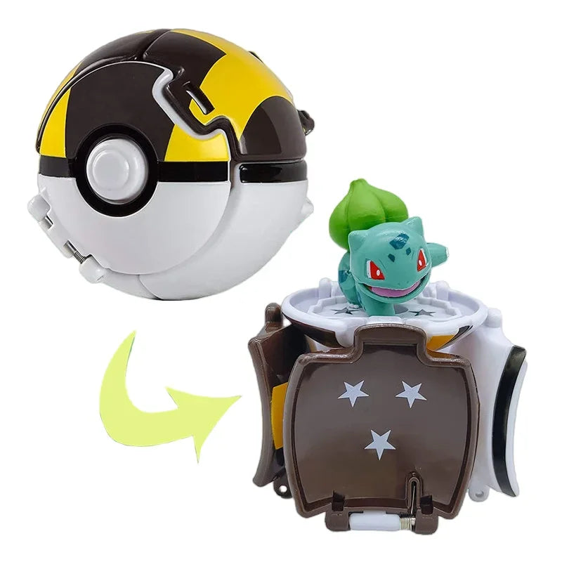 Toy figure of a small blue creature with a green hat inside a brown and white container, with a yellow arrow pointing to it.