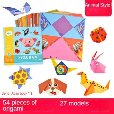 Colorful origami kit with various models and a book on a white background.