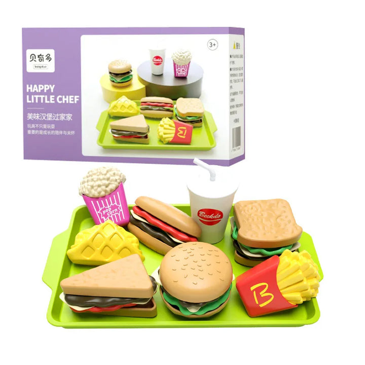 Children's toy food set with hamburgers, fries, and drinks on a green tray, displayed in front of its packaging.