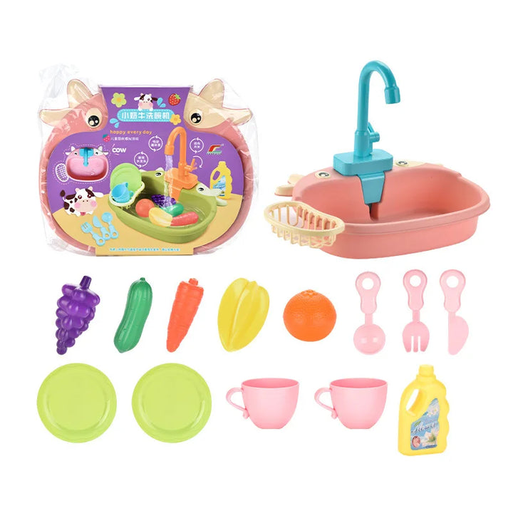 Children's toy kitchen set with sink, utensils, and food items on a white background.