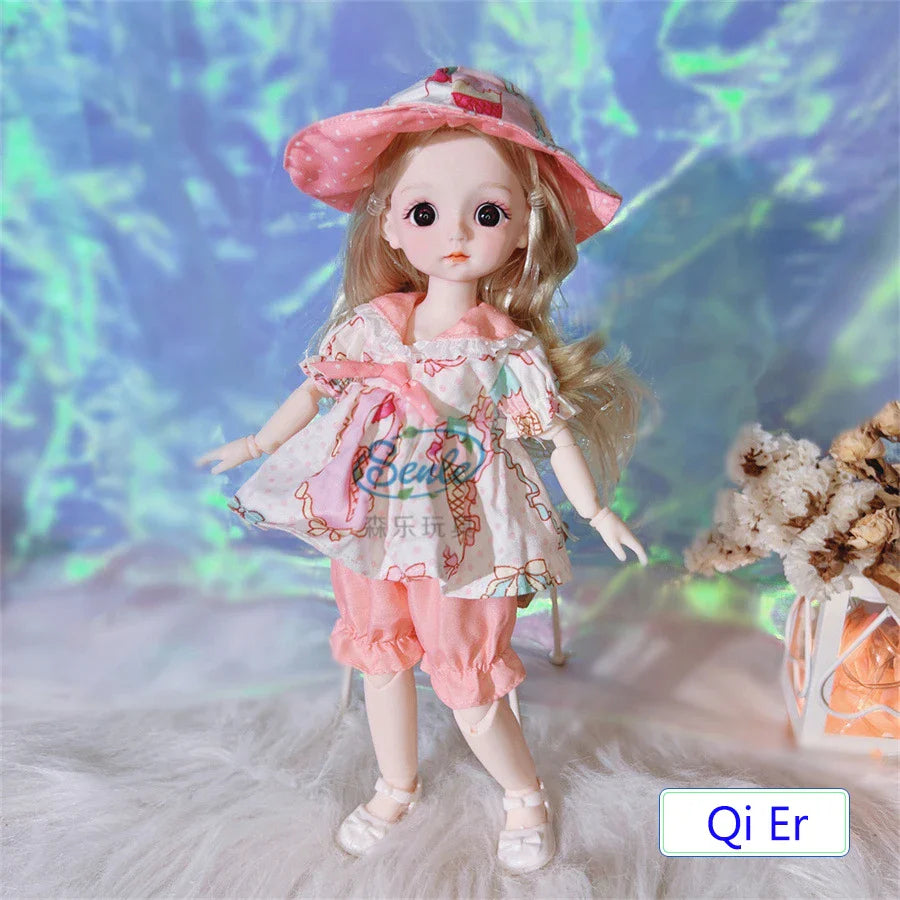 Doll in a pink outfit with a hat on a textured surface with a blurred background.