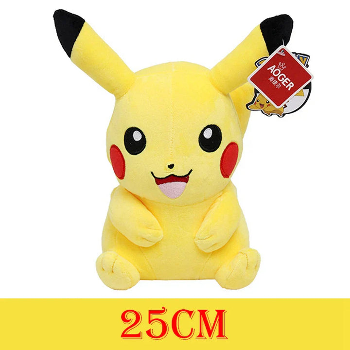 Plush toy resembling Pikachu with a visible brand tag on a white background.