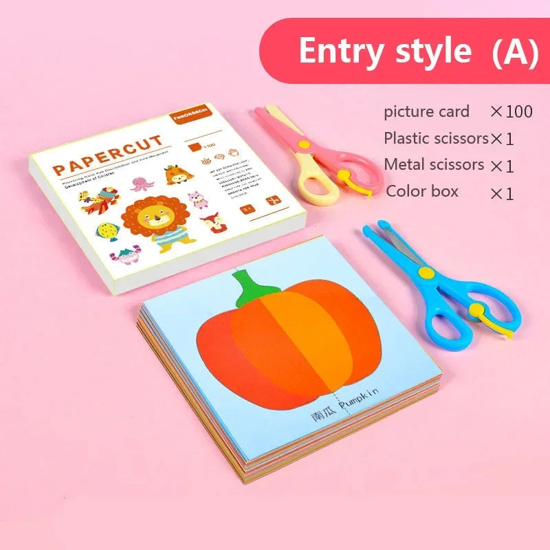 Children's educational set with picture cards, scissors, and a color box on a pink background.