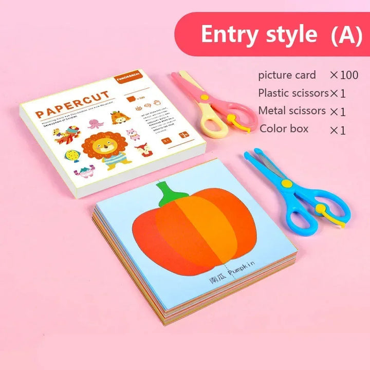 Children's educational set with picture cards, scissors, and a color box on a pink background.