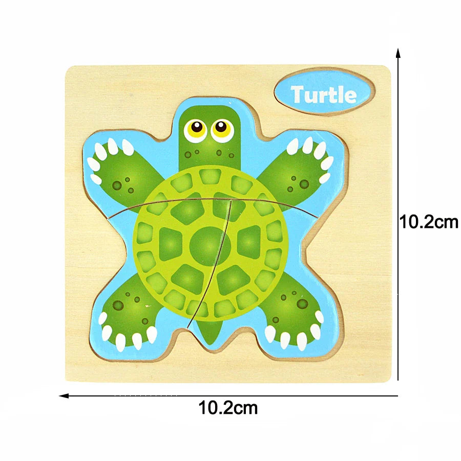 Turtle-shaped wooden puzzle with measurements on a white background.