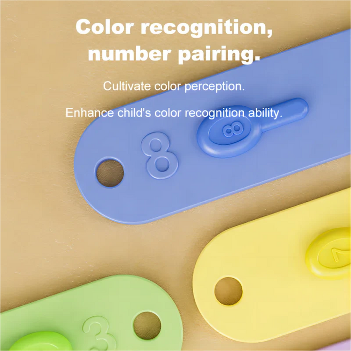 Colorful educational toys with numbers and shapes on a beige background.