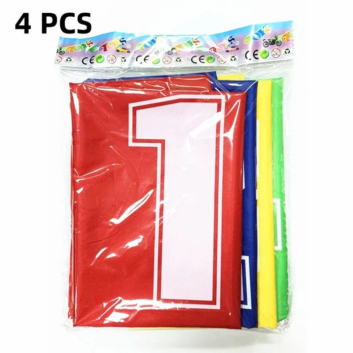 Packaged colorful number 1 sacks with a clear plastic cover on a white background.