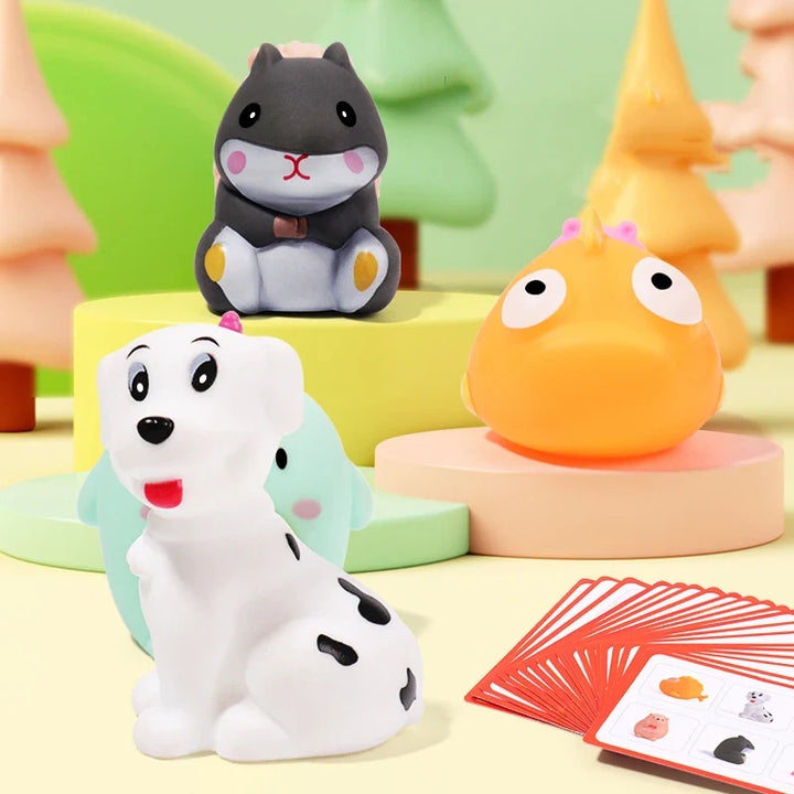 Set of cute animal figurines with cards on a colorful background.