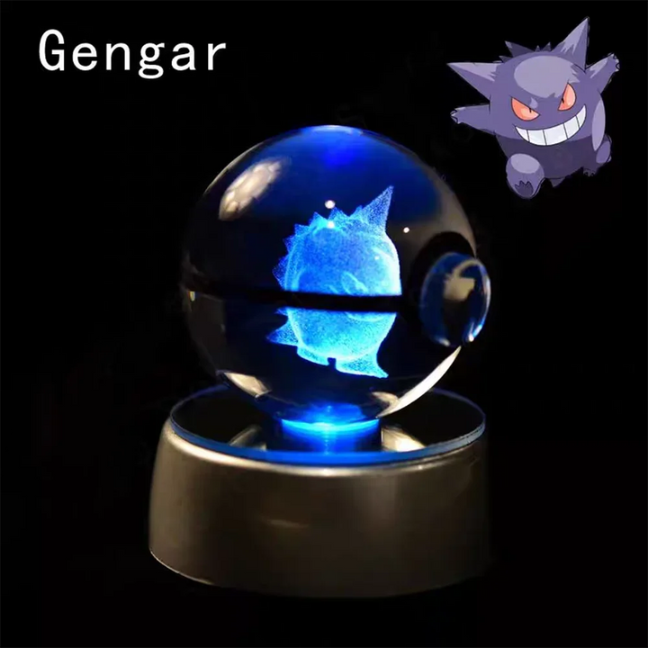 Crystal ball with blue light and Gengar illustration on a black background.