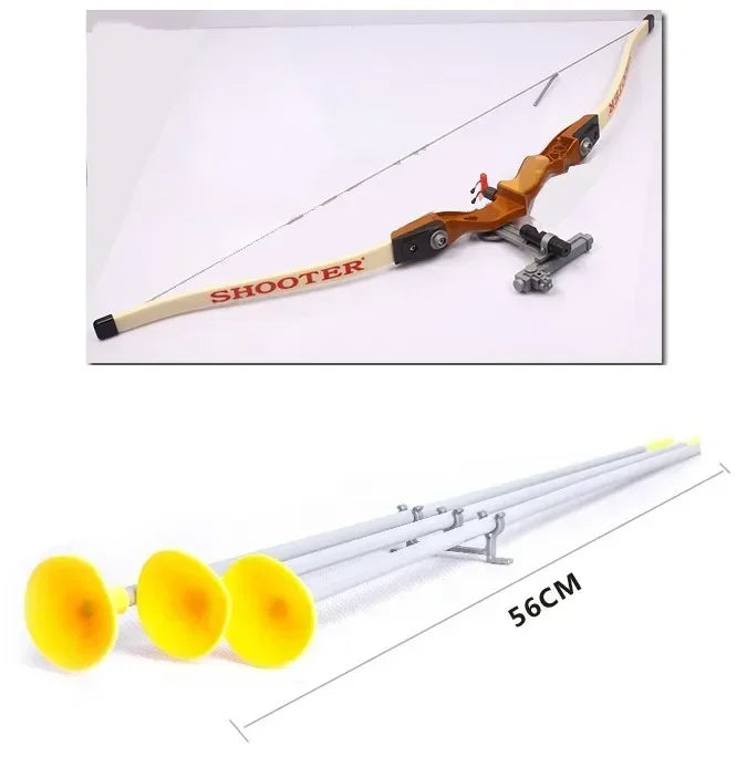 Archery bow with shooter branding and three yellow arrows on a white background.