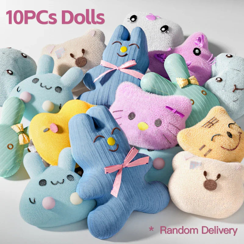 Collection of colorful plush toys with various designs on a light gray background.
