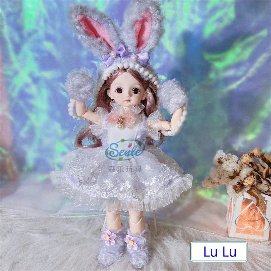 Doll with bunny ears and a dress on a colorful background.