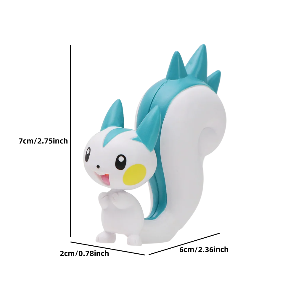 Small white and blue figurine with measurements on a white background.